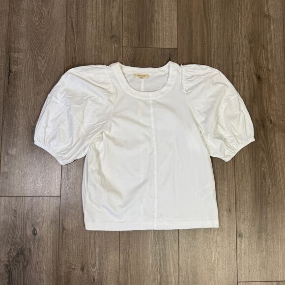 Madewell Puff-Sleeve Tee S White Crewneck Cotton Jersey Relaxed Fit Ruffle Trim - Picture 4 of 8